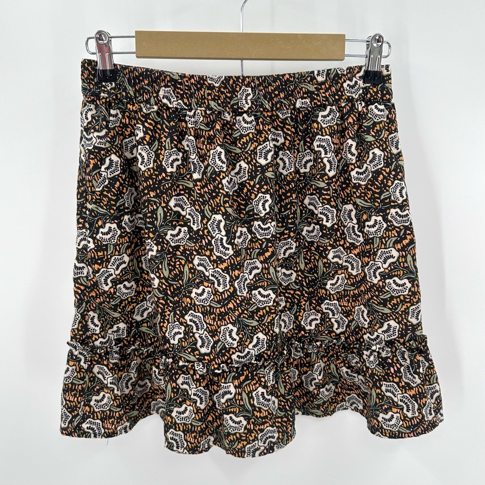 RACHEL ZOE Skirt 100% Linen Mini Womens S Pockets Ruffle Black Orange Floral